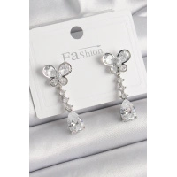 Pirinç Gümüş Renk Kelebek Model Sallantı Damla Zirkon Taşlı Kadın Küpe