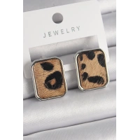 Pirinç Gümüş Renk Leopar Desenli Kare Model Kadın Küpe