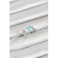 Pirinç Gümüş Renk Mavi Yıldızlı Model Kadın Yüzük