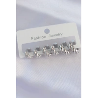 Pirinç Gümüş Renk Minimal Tırtıklı Küpe Seti