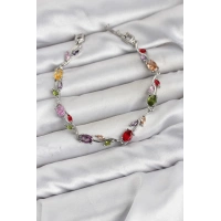 Pirinç Gümüş Renk Mix Renk Zirkon Taşlı Çiçek Model Kadın Bileklik