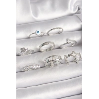 Pirinç Gümüş Renk Nazar Boncuk Detay İncili Kelebek İşlemeli Kadın Yüzük Kombini