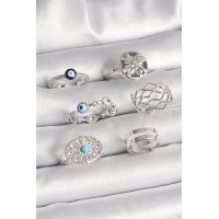 Pirinç Gümüş Renk Nazar Boncuk Zirkon Taş Detaylı Dalga Figür Kadın Yüzük Kombini