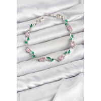 Pirinç Gümüş Renk Pembe Zirkon Taşlı Çiçek Model Kadın Bileklik