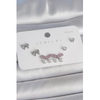 Pirinç Gümüş Renk Pembe Zirkon Taşlı Kurdele Model İnci Detay 925 Ayar Gümüş Çivi Kadın Küpe Seti