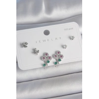 Pirinç Gümüş Renk Renkli Zirkon Taşlı Çiçek Model Yaprak Detay 925 Ayar Gümüş Çivi Kadın Küpe Seti