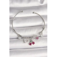 Pirinç Gümüş Renk Sallantı Kiraz Figür Kalp Detay Charm Kadın Bileklik