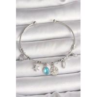 Pirinç Gümüş Renk Sallantı Pusula Figür Kalp Detay Charm Kadın Bileklik