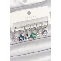 Pirinç Gümüş Renk Sallantı Renkli Zirkon Taşlı Çiçek Model Kadın Küpe Seti