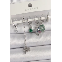 Pirinç Gümüş Renk Sallantı Zirkon Taşlı Ağaç Figür Çoklu Kadın Küpe Seti