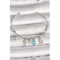 Pirinç Gümüş Renk Sallantı Zirkon Taşlı Ayıcık Figür Çiçek Detay Charm Kadın Bileklik