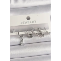 Pirinç Gümüş Renk Sallantı Zirkon Taşlı Halka Model Damla Taş Detay Kadın Küpe Seti