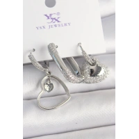 Pirinç Gümüş Renk Sallantı Zirkon Taşlı Kalp Model 3Lü Kadın Kombin Küpe