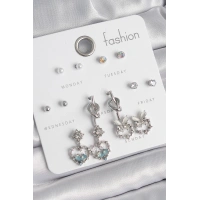 Pirinç Gümüş Renk Sallantı Zirkon Taşlı Kalp Model Düğüm Detay 7 Çift Kadın Küpe Seti