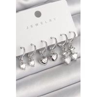 Pirinç Gümüş Renk Sallantı Zirkon Taşlı Kalp Model Taç Detay Kadın Küpe Seti