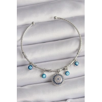 Pirinç Gümüş Renk Sallantı Zirkon Taşlı Nazar Boncuk Figür Charm Bileklik