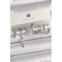 Pirinç Gümüş Renk Sallantı Zirkon Taşlı Yılan Model Kadın Küpe Seti