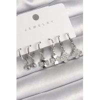 Pirinç Gümüş Renk Sallantı Zirkon Taşlı Yonca Model Topçuk Detay Kadın Küpe Seti