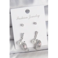 Pirinç Gümüş Renk Sallantılı Zirkon Taşlı Damla Model 3 Çift Kadın Küpe Seti