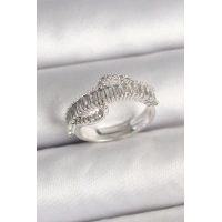 Pirinç Gümüş Renk Su Yolu Zirkon Taşlı Ayarlanabilir Model Kadın Yüzük