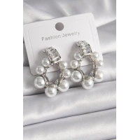 Pirinç Gümüş Renk Su Yolu Zirkon Taşlı İncili Halka Model Kadın Küpe