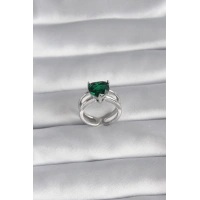 Pirinç Gümüş Renk Yeşil Zirkon Taşlı Tek Taş Model Kadın Yüzük