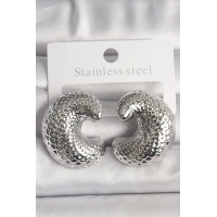 Pirinç Gümüş Renk Yılan Sırtı İşlemeli Yarım Halka Model Kadın Küpe