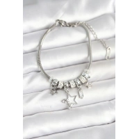 Pirinç Gümüş Renk Yıldız Charmlı Kadın Bileklik