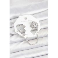 Pirinç Gümüş Renk Yıldız Model Zincir Bağlantılı Ear Cuff Küpe Seti