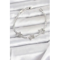 Pirinç Gümüş Renk Yıldız Model Zirkon Taşlı Su Yolu Kadın Bileklik