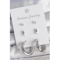 Pirinç Gümüş Renk Zirkon Taş Detay Halka Model 3 Çift Kadın Küpe Seti