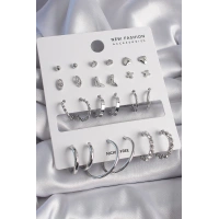 Pirinç Gümüş Renk 12 Çift Kadın Küpe Seti