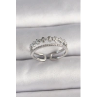 Pirinç Gümüş Renk Zirkon Taş Detaylı Ayarlanabilir Kadın Yüzük