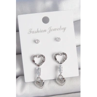 Pirinç Gümüş Renk Zirkon Taş Detaylı Sallantı Model 2 Çift Kadın Küpe Seti