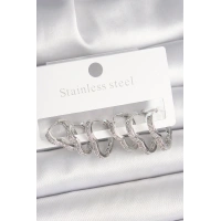 Pirinç Gümüş Renk Zirkon Taşlı 3 Çift Kalp Model Kadın Küpe