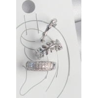 Pirinç Gümüş Renk Zirkon Taşlı 3Lü Model Yaprak Figür Kadın Kıkırdak Küpe