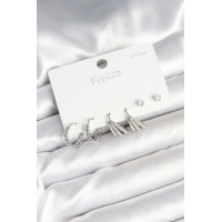 Pirinç Gümüş Renk Zirkon Taşlı 925 Gümüş Çivili Kadın Küpe Seti