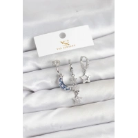 Pirinç Gümüş Renk Zirkon Taşlı Ay ve Yıldız Model YSX Trio Küpe Seti