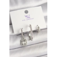 Pirinç Gümüş Renk Zirkon Taşlı Baget Halka Model 3Lü Kadın Kombin Küpe