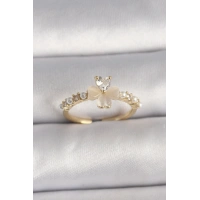 Pirinç Gümüş Renk Zirkon Taşlı Beyaz Mineli Yonca Model İnci Detay Ayarlanabilir Yüzük