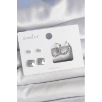 Pirinç Gümüş Renk Zirkon Taşlı Burgu Halka Model Kare Detay 3 Çift Kadın Küpe Seti