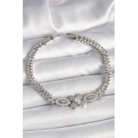 Pirinç Gümüş Renk Zirkon Taşlı Çiçek Figür Arpa Zincir Model Kadın Bileklik