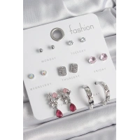 Pirinç Gümüş Renk Zirkon Taşlı Çiçek Figür İncili Halka Detay 7 Çift Kadın Küpe Seti