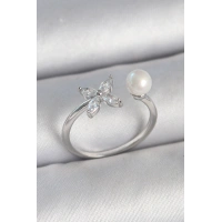 Pirinç Gümüş Renk Zirkon Taşlı Çiçek Model İnci Detay Ayarlanabilir Kadın Yüzük