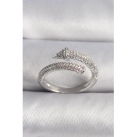 Pirinç Gümüş Renk Zirkon Taşlı Çivi Model VIP Seri Kadın Yüzük