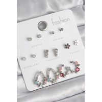 Pirinç Gümüş Renk Zirkon Taşlı Damla Model Çiçek Detay 7 Çift Kadın Küpe Seti