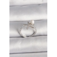 Pirinç Gümüş Renk Zirkon Taşlı Deniz Yıldızı Model İnci Detay Ayarlanabilir Yüzük