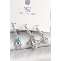 Pirinç Gümüş Renk Zirkon Taşlı Fatma Ana Yonca Figür Göz Detay 3Lü Kadın Kombin Küpe