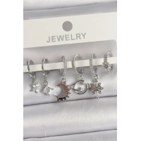 Pirinç Gümüş Renk Zirkon Taşlı Gezgen Model Kadın Küpe Seti