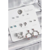 Pirinç Gümüş Renk Zirkon Taşlı Gül Figür Halka Model 7 Çift Kadın Küpe Seti